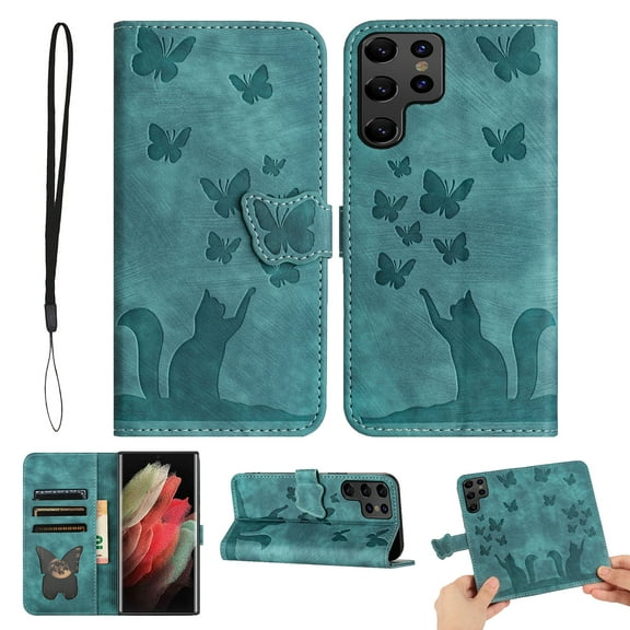 Butterfly Embossed Case for Samsung Galaxy S23 Ultra Slim Cat Patterned Leather Folio Cover Card Holder Kickstand, Cute Stylish Women Flip Case Magnetic Clasp Flip with Wrist Strap, Green