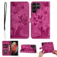 thumbnail image 1 of Butterfly Embossed Case for Samsung Galaxy S23 Ultra Slim Cat Patterned Leather Folio Cover Card Holder Kickstand, Cute Stylish Women Flip Case Magnetic Clasp Flip with Wrist Strap, Rose, 1 of 13