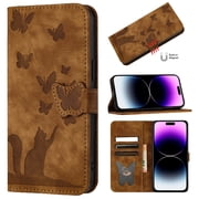 Butterfly Embossed Case For Samsung Galaxy S25 Edge Slim Cat Patterned Leather Folio Cover Card Holder Kickstand, Cute Stylish Women Flip Case Magnetic Clasp Flip with Wrist Strap,Brown