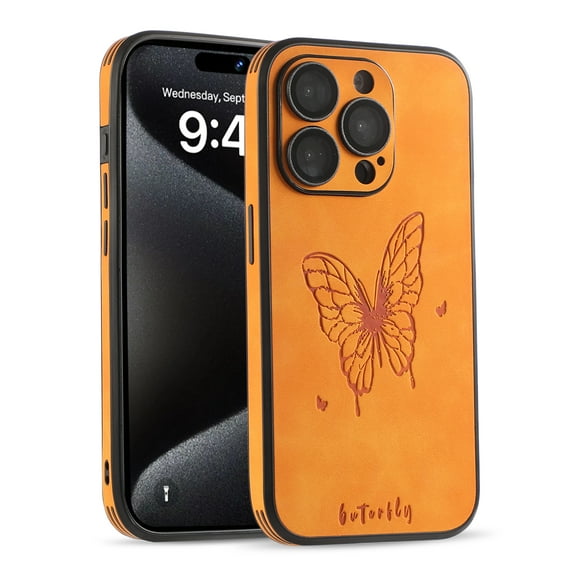 Butterfly Embossed Premium PU Leather Case for iPhone 15, Vintage Bumper Frame Shockproof Drop Protection Slim Back Case Cover with Lens Protector for iPhone 15, Orange