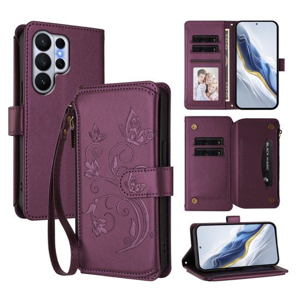 Butterfly Embossed Wallet Case Compatible with Samsung Galaxy S26 Ultra Kickstand Zipper Violet