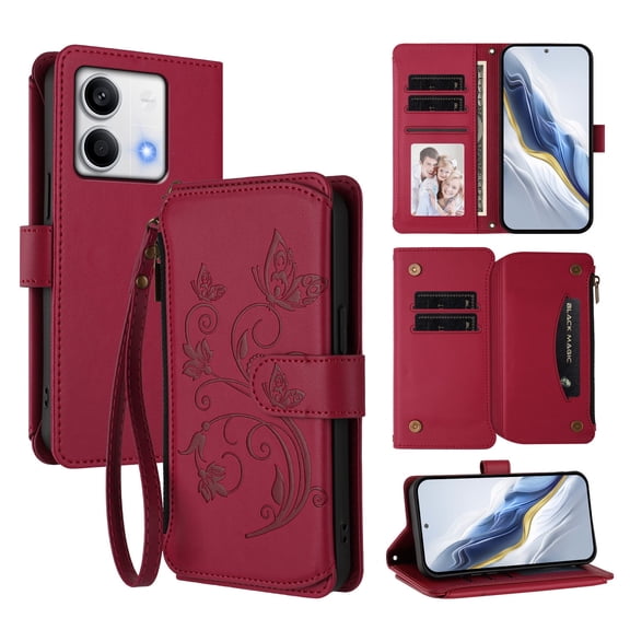 Butterfly Embossed Wallet Case Compatible with Xiaomi Redmi Note 13 5G Kickstand Zipper Red