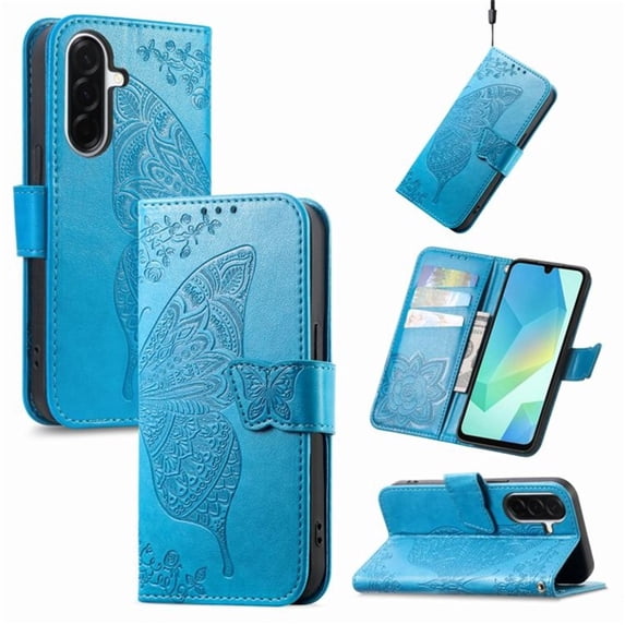 Butterfly Embossed Wallet Case for Samsung Galaxy A27 5G, PU Leather Flip Cover with Card Holder, Kickstand & Lanyard, Shockproof,,Blue,For Galaxy A27 5G