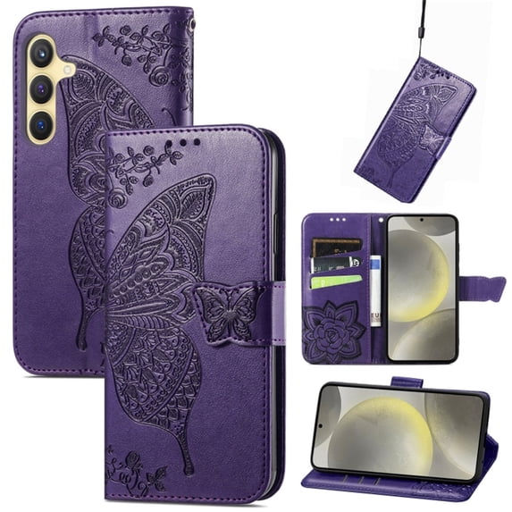 Butterfly Embossed Wallet Case for Samsung Galaxy A36 5G, PU Leather Flip Cover with Card Holder, Kickstand & Lanyard, Shockproof,,Deep purple,For Galaxy A36 (5G)