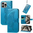 thumbnail image 1 of Butterfly Embossed Wallet Case for iPhone 15 Pro Max, PU Leather Flip Cover with Card Holder, Kickstand & Lanyard, Shockproof,,Blue,For iPhone 15 Pro Max, 1 of 9