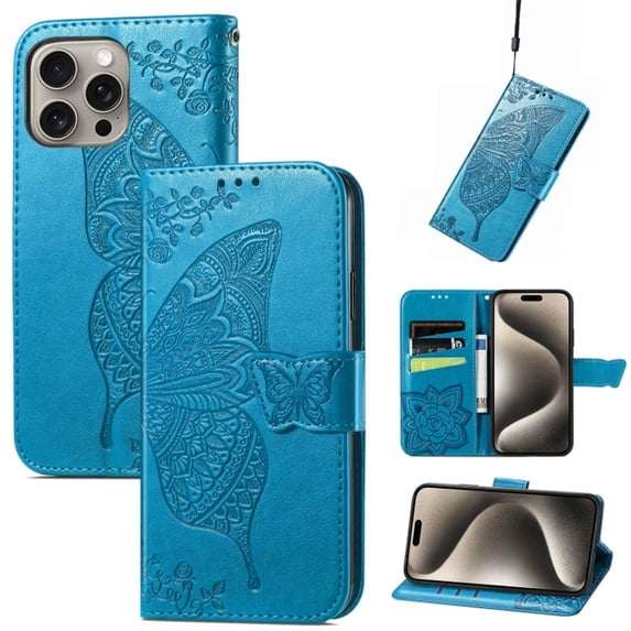 Butterfly Embossed Wallet Case for iPhone 15 Pro Max, PU Leather Flip Cover with Card Holder, Kickstand & Lanyard, Shockproof,,Blue,For iPhone 15 Pro Max