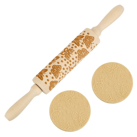 Butterfly Embossed Wooden Rolling Pin 34cm Flower Long Rolling Pin for Baking Biscuits 3D Pattern DIY Kitchen Tool Baking Accessories Homemade Bakery