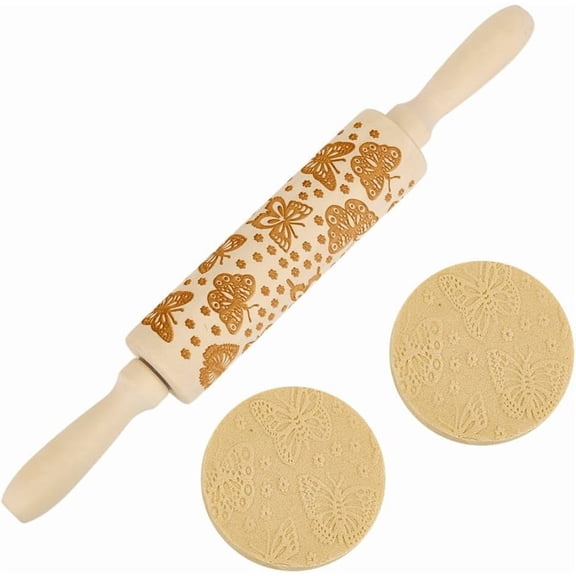 Butterfly Embossed Wooden Rolling Pin 34cm Flower Long Rolling Pin