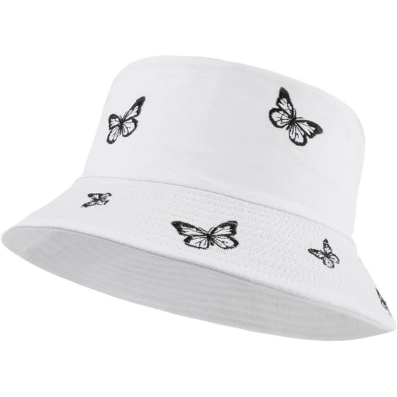 Butterfly Embroidered Bucket Hat Reversible Packable Foldable Beach Sun Hat Outdoor Cap for Women Men