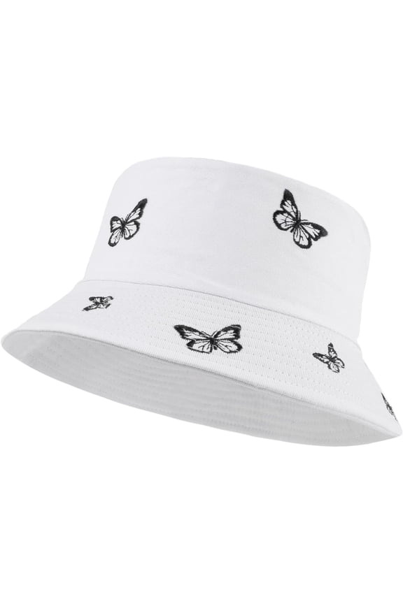 Butterfly Embroidered Bucket Hat Reversible Packable Foldable Beach Sun Hat Outdoor Cap for Women Men
