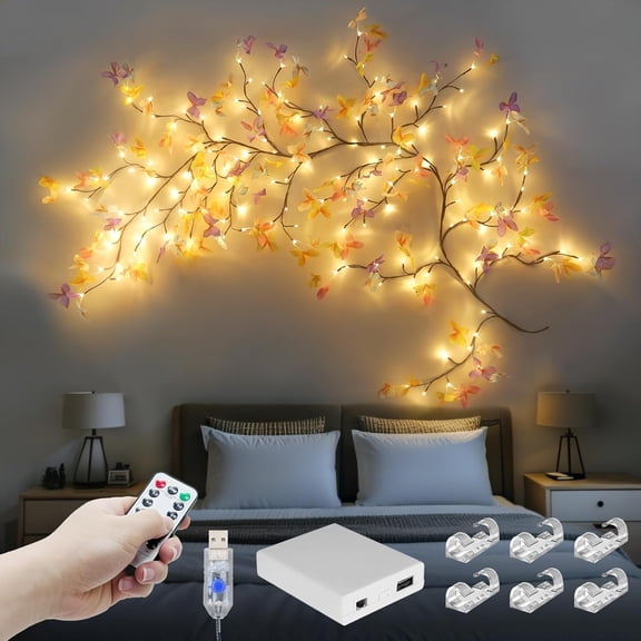 Butterfly Enchanted Willow Vine Lights, 4FT 48LED 3 Color Blossom Tree Branch Lights for Wall with USB Battery Box, Remote Timer,8 Light Model, Bedroom Doors Wedding, Christmas