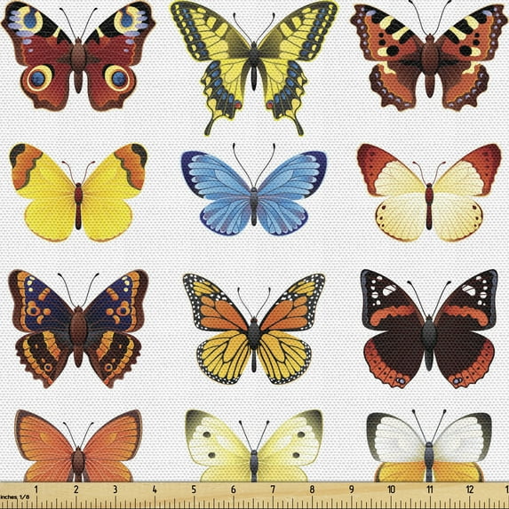 Butterfly Fabric by the Yard, Assortment of Detailed Butterflies in Various Shapes Vibrant Colored Creatures, Decorative Upholstery Fabric for Chairs & Home Accents, 2 Yards, Multicolor by Ambesonne
