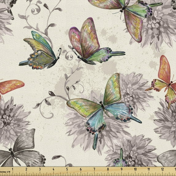 Ambesonne Butterfly Fabric by the Yard Upholstery, Soft Colored Animals, 1 Yard, Multicolor