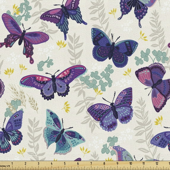 Ambesonne Butterfly Fabric by the Yard Upholstery, Colorful Ornate Garden, 1 Yard, Eggshell and Multicolor