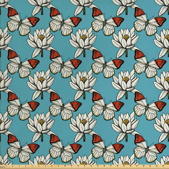 Butterfly Fabric by the Yard, Graphic Natural Spring Time Pattern of Flower Petal and Moth, Decorative Upholstery Fabric for Chairs & Home Accents, Blue Eggshell and Vermilion by Ambesonne