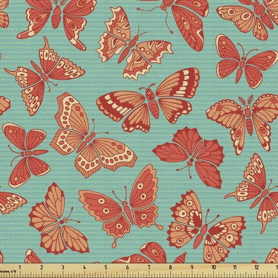 Butterfly Fabric by the Yard, Insects in Tangerine Tones on a Striped Background, Upholstery Fabric for Dining Chairs Home Decor Accents, Vermilion Sea Green by Ambesonne