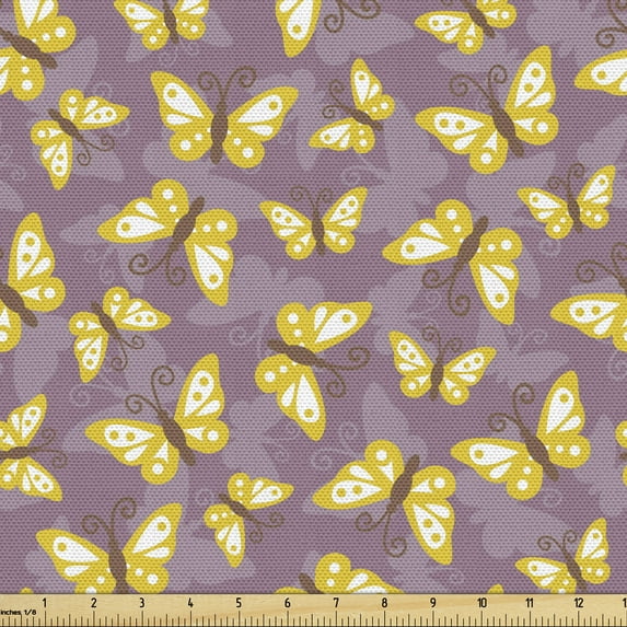 Ambesonne Butterfly Fabric by the Yard Upholstery, Romantic Springtime, 1 Yard, Mauve Yellow Brown