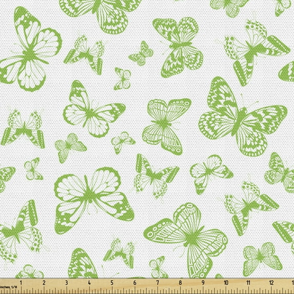 Ambesonne Butterfly Fabric by the Yard Upholstery, Green Flying Animals Art, 1 Yard, Lime Green and White