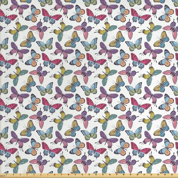 Ambesonne Butterfly Fabric by the Yard Upholstery, Multicolored, 5 Yards, Almond Pink and Violet