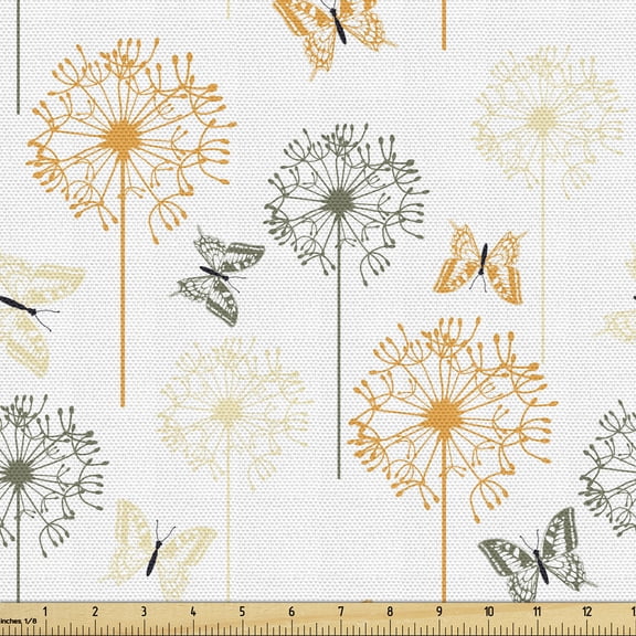Ambesonne Butterfly Fabric by the Yard Upholstery, Herbal Blossoms Dandelion, 1 Yard, White Apricot