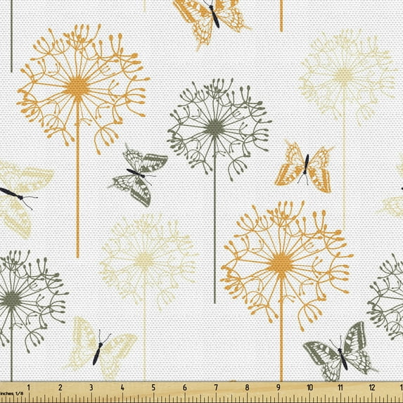 Ambesonne Butterfly Fabric by the Yard Upholstery, Herbal Blossoms Dandelion, 1 Yard, White Apricot
