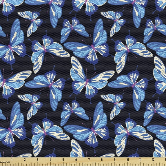 Butterfly Fabric by the Yard, Romantic Layout of Repetitive Butterflies Silhouettes on a Dark Background, Decorative Upholstery Fabric for Chairs & Home Accents, Blue Multicolor by Ambesonne