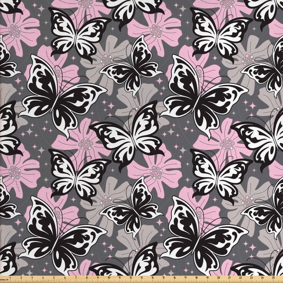 Butterfly Fabric by the Yard Upholstery, Ornamental Romantic Summer Vegetation Vibrant Backdrop Monochrome Animals, Decorative Fabric for DIY and Home Accents, Taupe Pink Black by Ambesonne