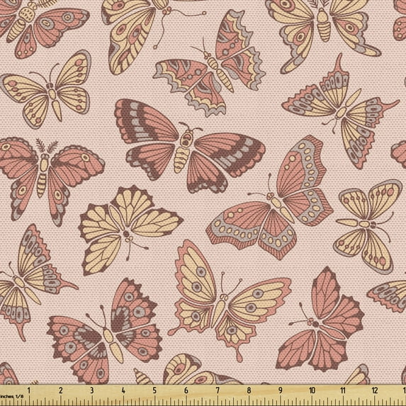 Ambesonne Butterfly Fabric by the Yard Upholstery, Ornamental Flying Insects, 5 Yards, Blush Coral
