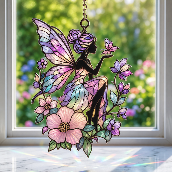 Butterfly Fairy Acrylic Suncatcher Window Hanging, Stained Glass Style Gift