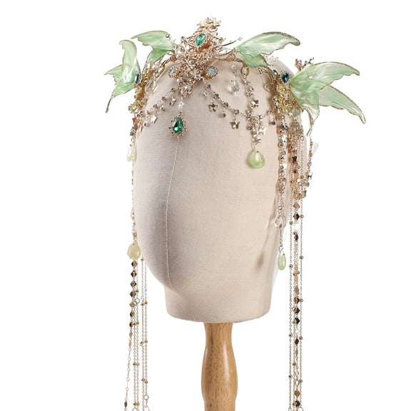 Butterfly Fairy Elf Crown with Tassel, Green Wings Elven Headpiece for Renaissance Cosplay Halloween