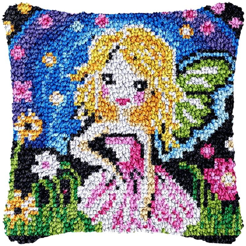 Butterfly Fairy Girl Latch Hook Pillow Cover Kits for DIY Handmade Throw Pillow Cross Stitch Latch Hook Pillowcase Rug Kits with Preprinted Color Pattern Canvas Crochet Yarn Kits 17''X 17''(fv70)