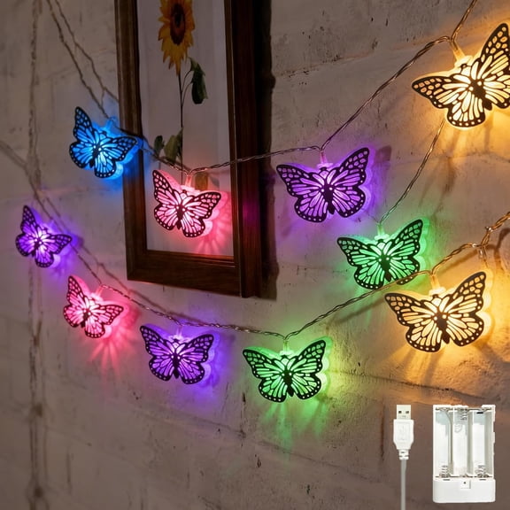 Butterfly Fairy Lights, 9.8Ft 20 LED Dual Powered String Lights, 7 Color Changing for Bedroom Patio Porch Party Indoor Outdoor Decor