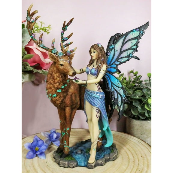 Butterfly Fairy With Stag Figurine Enchanted Forest Faerie Avalon & Emperor Deer