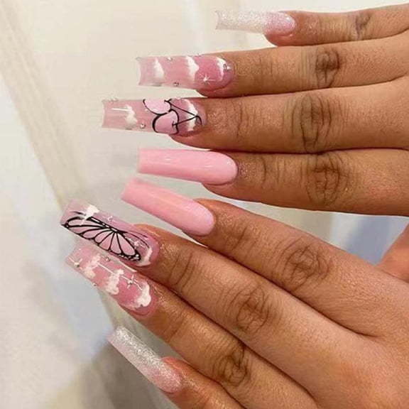 Butterfly Fake Nails Acrylic Coffin Pink Artificail Extra Long Press on Rhinestone Nails Full Cover Cloud Fake Nails with Design Nail Tips for Women&Girls, 24PCS Large