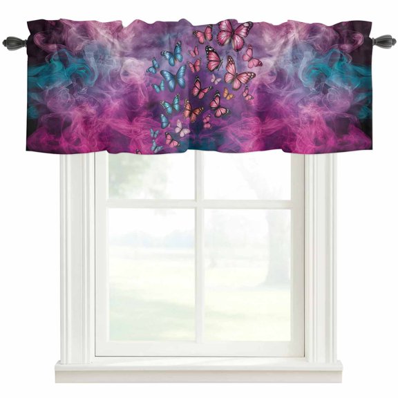 Butterfly Farmhouse Short Window Curtain Valances, Purple Blue Fantasy Dream Butterflies Abstract Rod Pocket Kitchen Valances for Living Room Bedroom Bathroom Cafe 42" x 18"