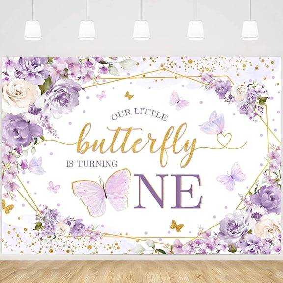 Butterfly First Birthday Decorations Backdrop for Girls Our Little Butterfly is Turning One Purple Flowers Girl Birthday Photography Background Dessert Table Supplies 7x5FT