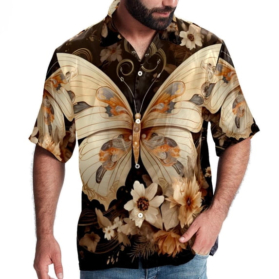 Butterfly Fission Diagram Men's Short Sleeve Button Down Poplin Hawaiian Shirt for Summer Beach, Casual Printed Unisex Style
