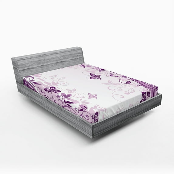 Butterfly Fitted Sheet, Illustration of Butterflies with Swirling Flowers Silhouette Floral Design Art, Decorative Soft Bedding All-round Elastic Pocket, Full Size, Violet, by Ambesonne