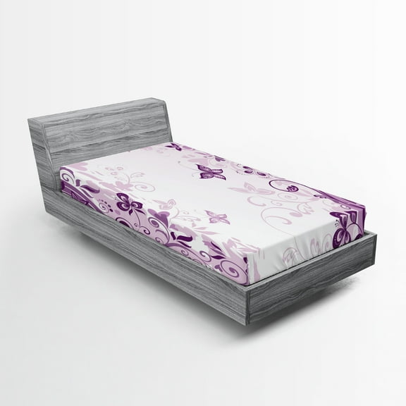 Butterfly Fitted Sheet, Illustration of Butterflies with Swirling Flowers Silhouette Floral Design Art, Decorative Soft Bedding All-round Elastic Pocket, Twin Size, Violet, by Ambesonne