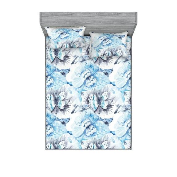 Butterfly Fitted Sheet & Pillow Sham Set, Dreamy Wings of Spring Pattern with Watercolor Design Abstract Artwork, Decorative Printed 3 Piece Bedding Decor, King, Purpleblue Soft Blue, by Ambesonne