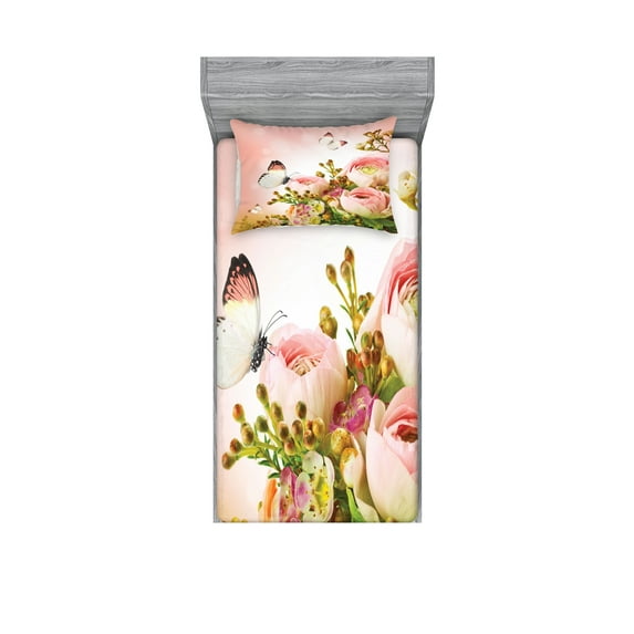 Butterfly Fitted Sheet & Pillow Sham Set, Pastel Colored Blossoming Roses with Spring Season Insects Romantic Feminine, Decorative Printed 4 Piece Bedding Decor Set, Twinxl, Multicolor, by Ambesonne