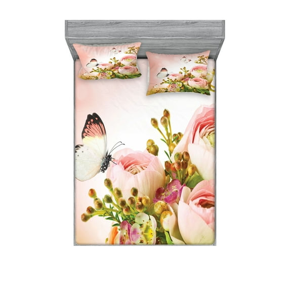 Butterfly Fitted Sheet & Pillow Sham Set, Pastel Colored Blossoming Roses with Spring Season Insects Romantic Feminine, Decorative Printed 6 Piece Bedding Decor Set, Full, Multicolor, by Ambesonne