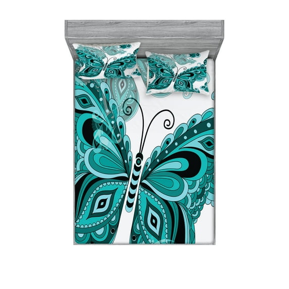 Butterfly Fitted Sheet & Pillow Sham Set, Spring Composition with Vintage Butterflies Ornamental Animal Pattern, Decorative 6 Piece Bedding Decor Set, Calking, Pale Blue Black Teal, by Ambesonne