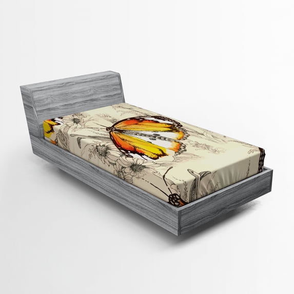 Ambesonne Butterfly Fitted Sheet, Meditative Journey, Twin XL Size, Orange Black Cream