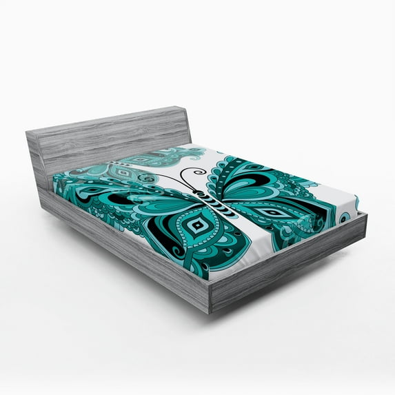 Butterfly Fitted Sheet, Spring Composition with Vintage Butterflies Ornamental Animal Pattern, Decorative Soft Bedding All-round Elastic Pocket, Queen Size, Pale Blue Black Teal, by Ambesonne
