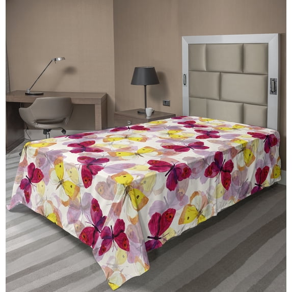 Ambesonne Butterfly Flat Bedding Sheet Soft Top Sheet, Chill Wings of Spring, Twin XL, Magenta Mustard Off White