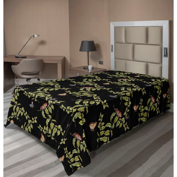 Ambesonne Butterfly Flat Bedding Sheet Soft Top Sheet, Nature of Spring Leaves, Twin, Black and Apple Green