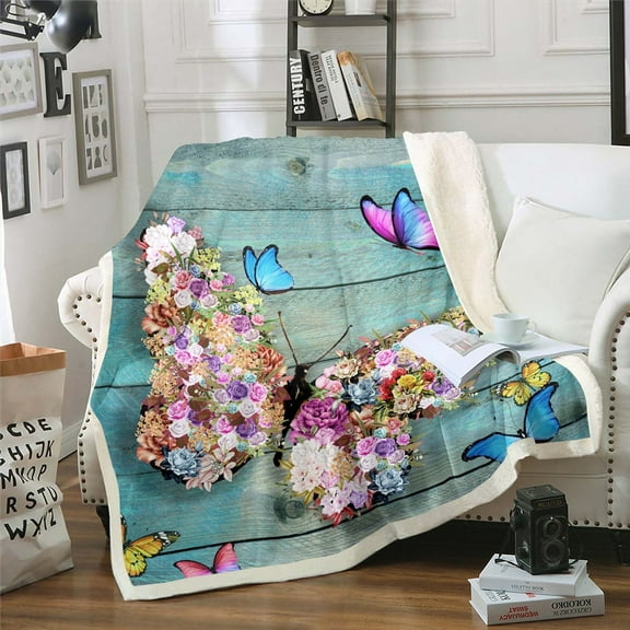 Butterfly Fleece Blanket Room Decor,Farmhouse Rustic Flowers Blanket,Retro Wood Plank Teal Butterflies Throw Blanket 90"x90",Barn Door Cabin Style Wildlife Animals Sherpa Blanket
