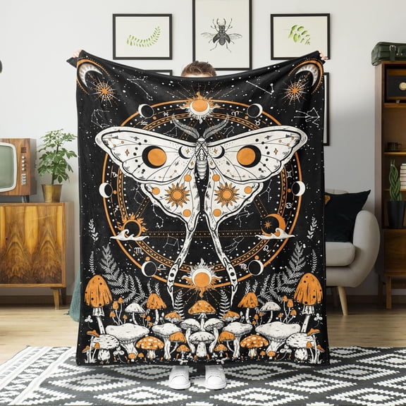 Butterfly Fleece Throw Blanket, Boho Moon Phase Mushroom Moth Art Cozy Decor Nap Blankets Gift Sofa Bed Couch Chair or Dorm Throws Black and Orange Moth