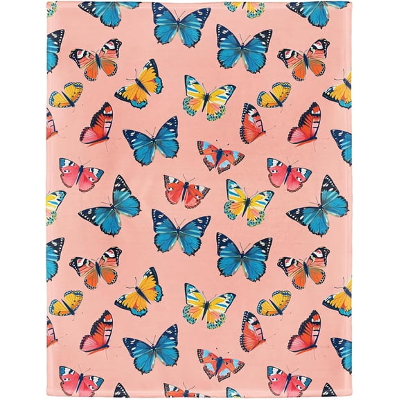 Butterfly Fleece Throw Blanket, Pink Background Colorful Butterflies, Gifts for Girls Women, 50 x 60 inches